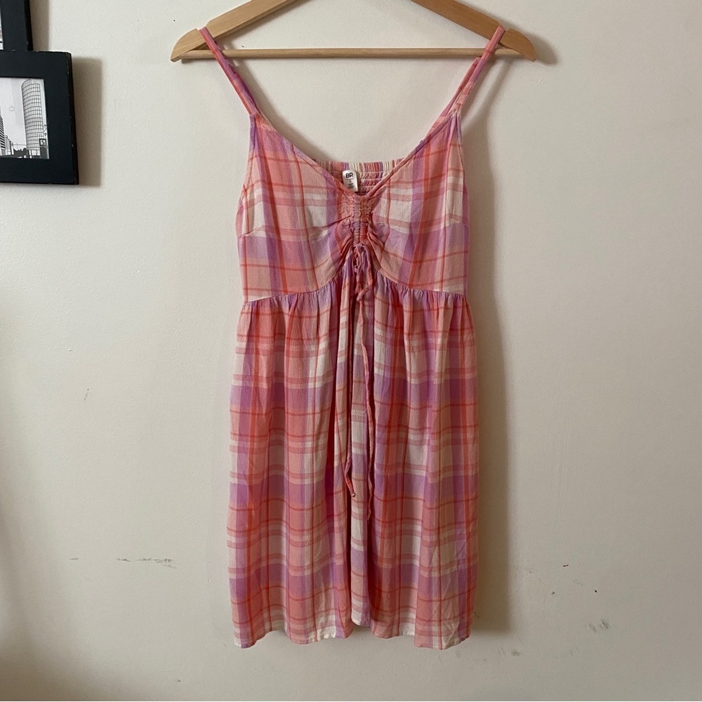 BP. Plaid Cottagecore Sundress Adjustable Straps Ruched Tie Tunic Dress Boho S